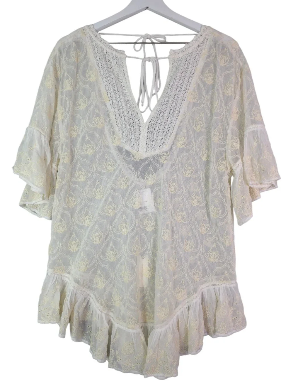 By Anthropologie The Deco Flutter Sleeve Sheer Open Back Tunic Top - Cream - Picture 4 of 12